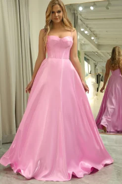 A Line Spaghetti Straps Pink Long Corset Prom Dress