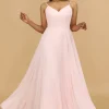 A Line Spaghetti Straps Pink Chiffon Long Bridesmaid Dress
