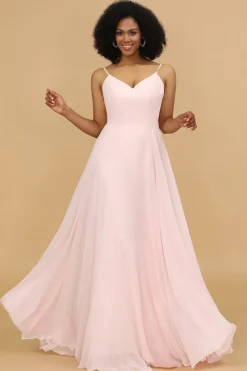 A Line Spaghetti Straps Pink Chiffon Long Bridesmaid Dress