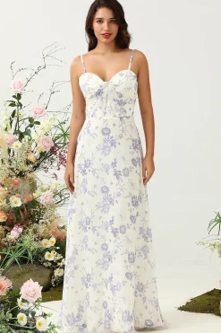 A Line Spaghetti Straps Purple Flower Printed Long Bridesmaid Dress