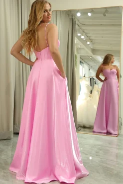 A Line Spaghetti Straps Pink Long Corset Prom Dress