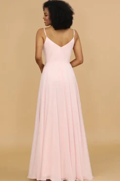 A Line Spaghetti Straps Pink Chiffon Long Bridesmaid Dress