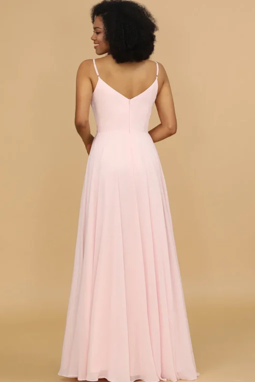 A Line Spaghetti Straps Pink Chiffon Long Bridesmaid Dress