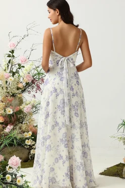 A Line Spaghetti Straps Purple Flower Printed Long Bridesmaid Dress