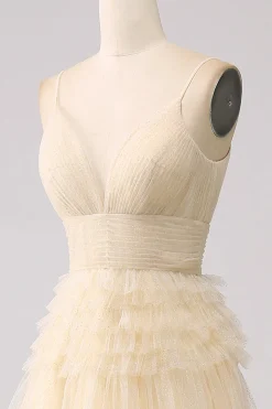 A Line Spaghetti Straps Pink Princess Prom Dress with Ruffles