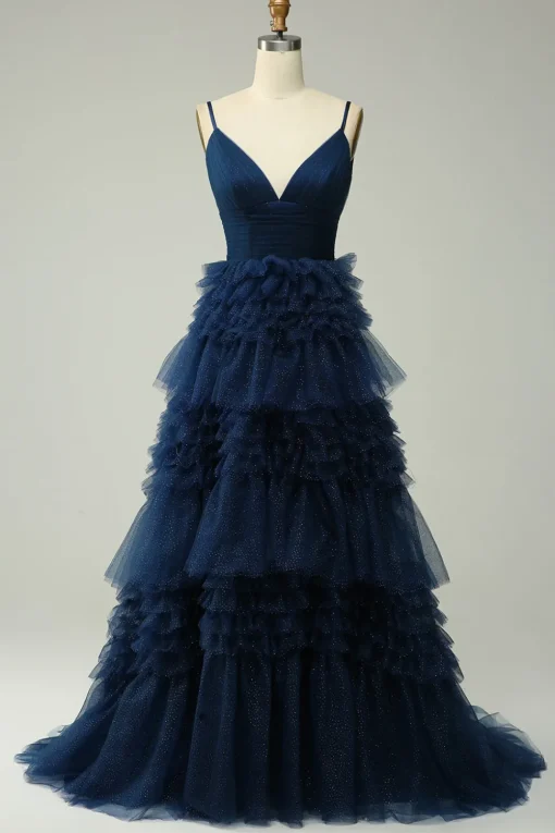 A Line Spaghetti Straps Pink Princess Prom Dress with Ruffles