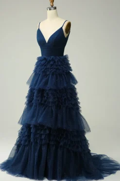 A Line Spaghetti Straps Pink Princess Prom Dress with Ruffles
