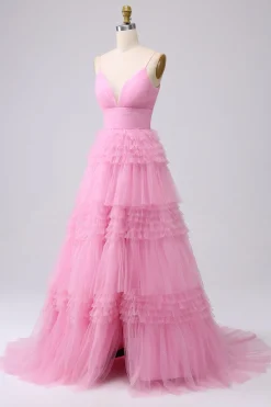 A Line Spaghetti Straps Pink Princess Prom Dress with Ruffles