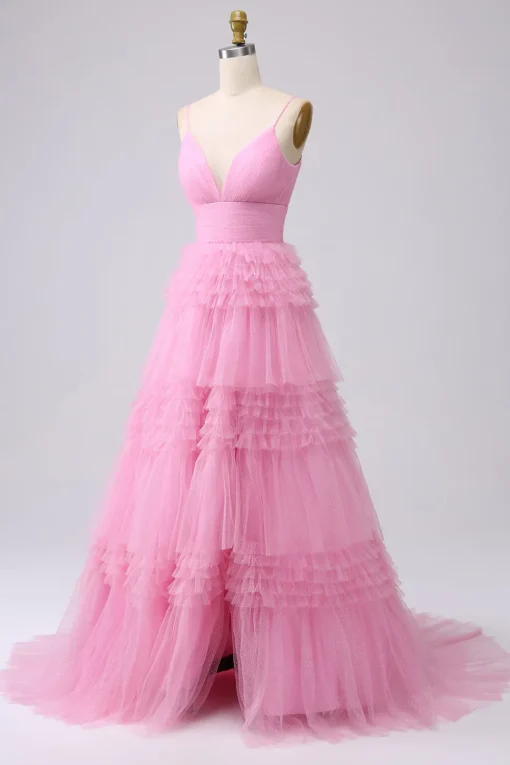 A Line Spaghetti Straps Pink Princess Prom Dress with Ruffles