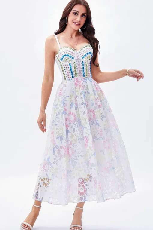 A Line Spaghetti Straps Printed Maxi Graduation Dress