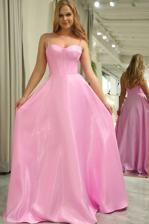 A Line Spaghetti Straps Pink Long Corset Prom Dress