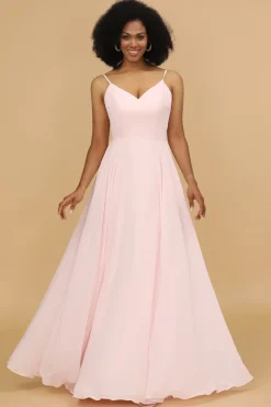 A Line Spaghetti Straps Pink Chiffon Long Bridesmaid Dress