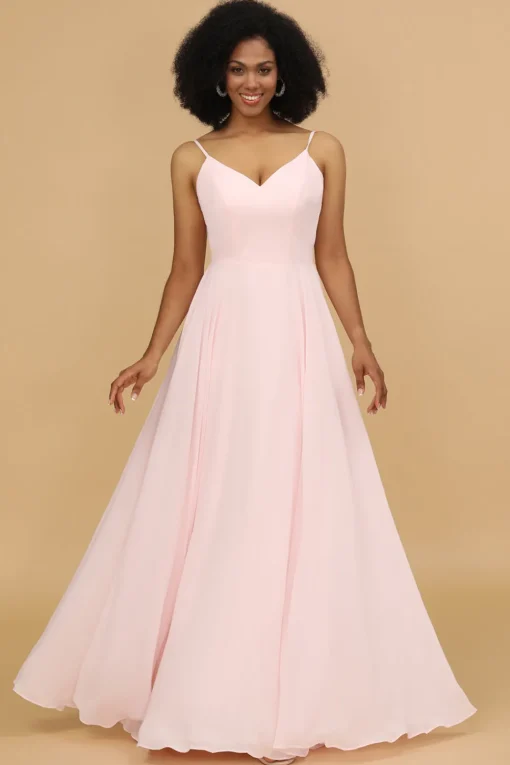 A Line Spaghetti Straps Pink Chiffon Long Bridesmaid Dress