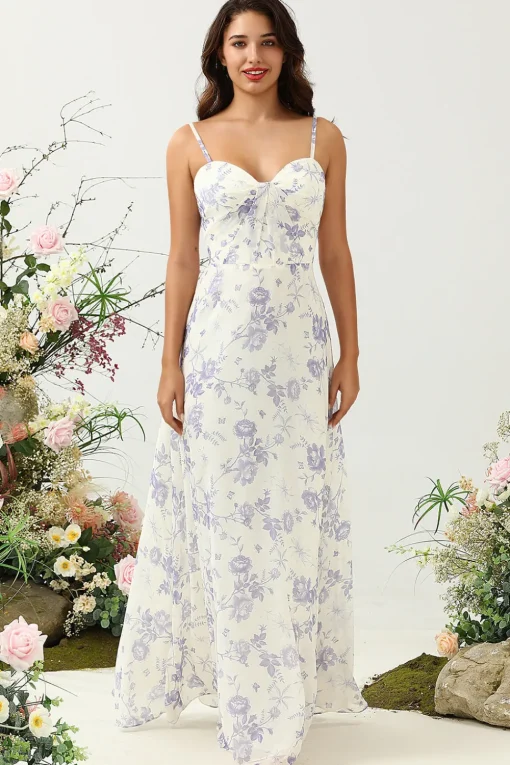 A Line Spaghetti Straps Purple Flower Printed Long Bridesmaid Dress