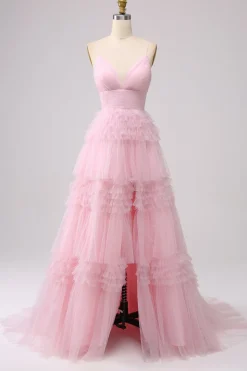 A Line Spaghetti Straps Pink Princess Prom Dress with Ruffles