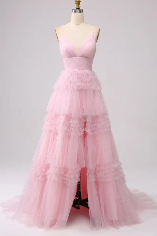 A Line Spaghetti Straps Pink Princess Prom Dress with Ruffles
