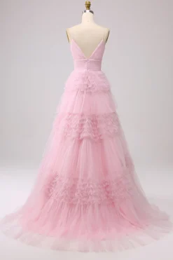 A Line Spaghetti Straps Pink Princess Prom Dress with Ruffles