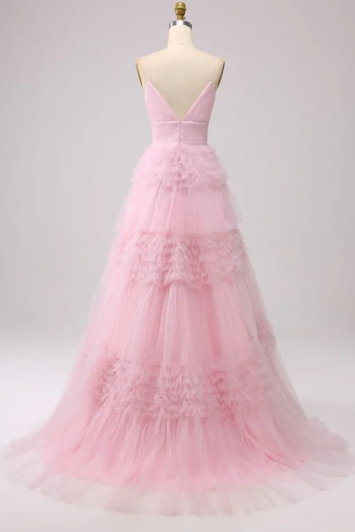 A Line Spaghetti Straps Pink Princess Prom Dress with Ruffles