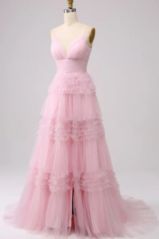 A Line Spaghetti Straps Pink Princess Prom Dress with Ruffles