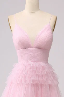 A Line Spaghetti Straps Pink Princess Prom Dress with Ruffles