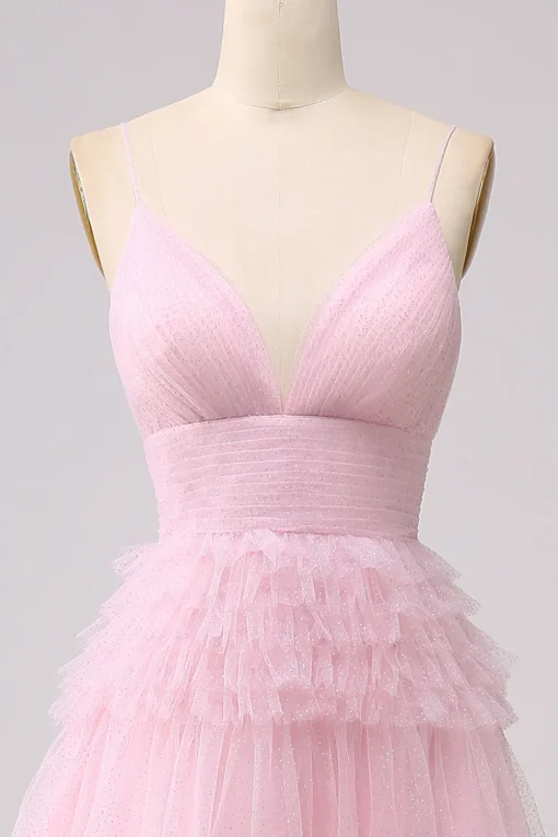A Line Spaghetti Straps Pink Princess Prom Dress with Ruffles