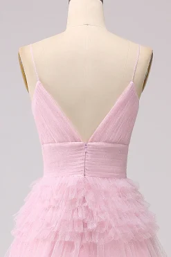 A Line Spaghetti Straps Pink Princess Prom Dress with Ruffles
