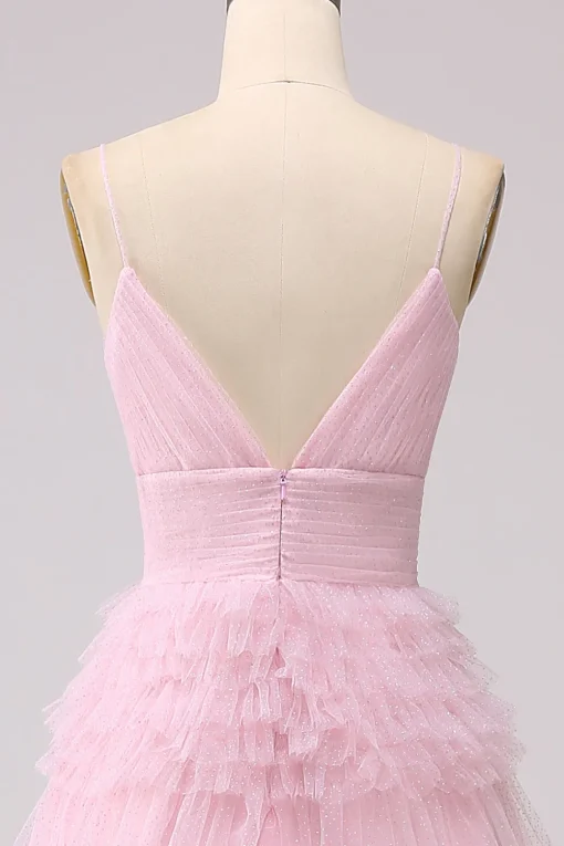 A Line Spaghetti Straps Pink Princess Prom Dress with Ruffles