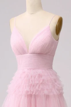 A Line Spaghetti Straps Pink Princess Prom Dress with Ruffles