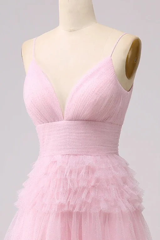 A Line Spaghetti Straps Pink Princess Prom Dress with Ruffles
