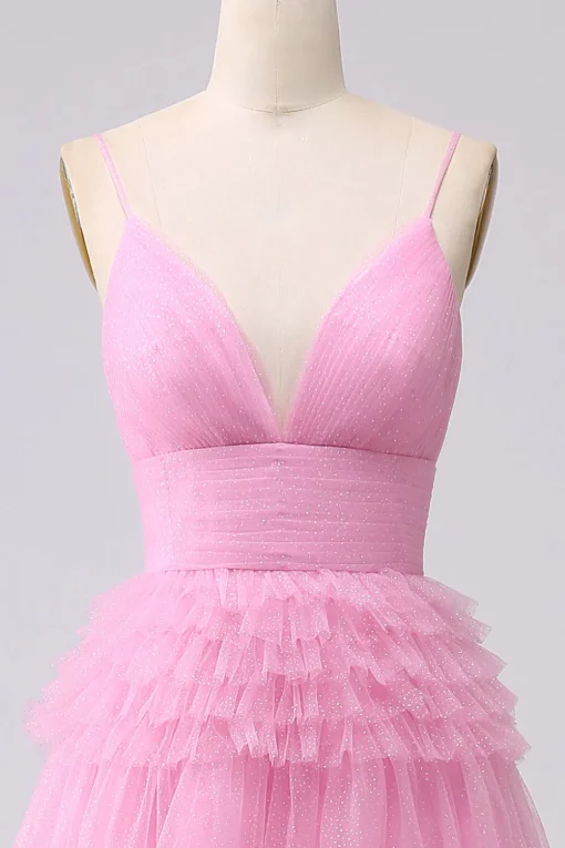 A Line Spaghetti Straps Pink Princess Prom Dress with Ruffles