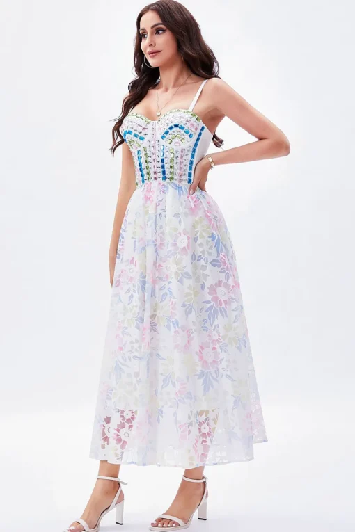 A Line Spaghetti Straps Printed Maxi Graduation Dress