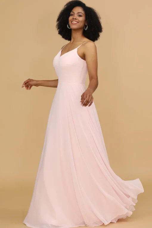 A Line Spaghetti Straps Pink Chiffon Long Bridesmaid Dress
