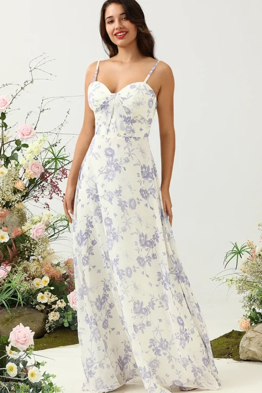 A Line Spaghetti Straps Purple Flower Printed Long Bridesmaid Dress