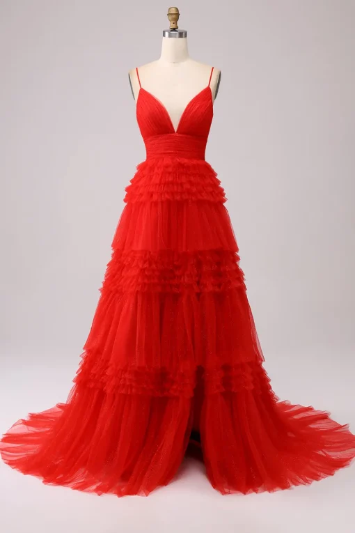 A Line Spaghetti Straps Pink Princess Prom Dress with Ruffles