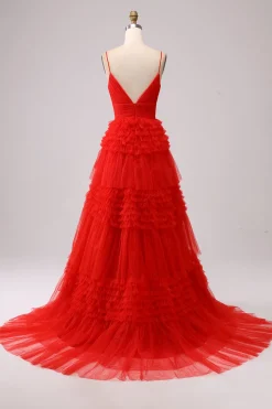A Line Spaghetti Straps Pink Princess Prom Dress with Ruffles