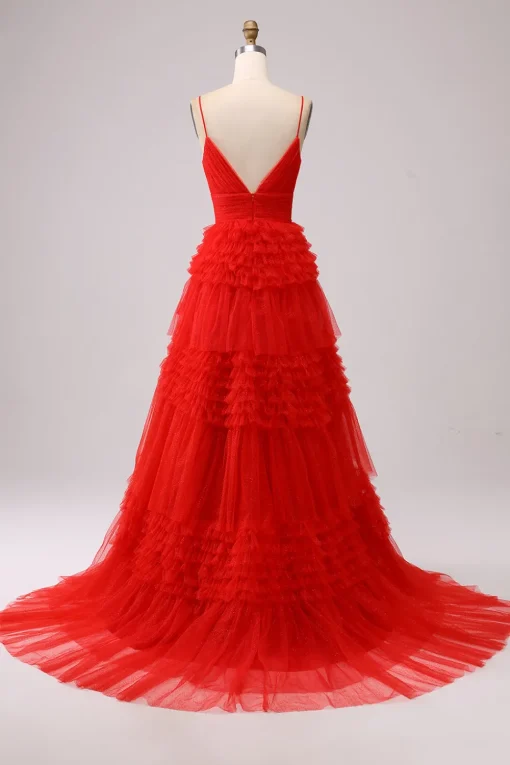 A Line Spaghetti Straps Pink Princess Prom Dress with Ruffles