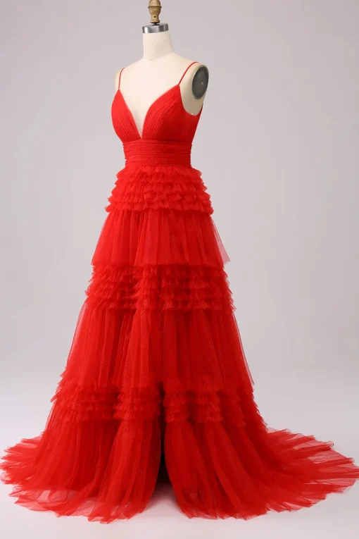 A Line Spaghetti Straps Pink Princess Prom Dress with Ruffles