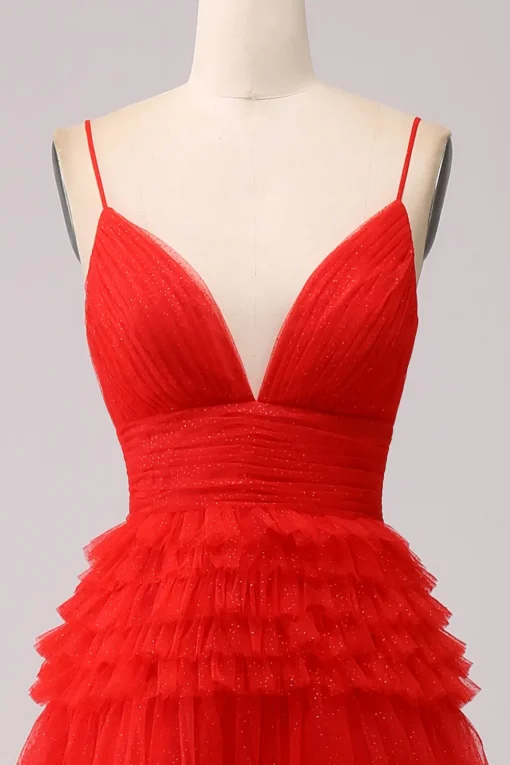 A Line Spaghetti Straps Pink Princess Prom Dress with Ruffles