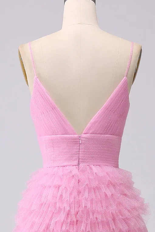 A Line Spaghetti Straps Pink Princess Prom Dress with Ruffles