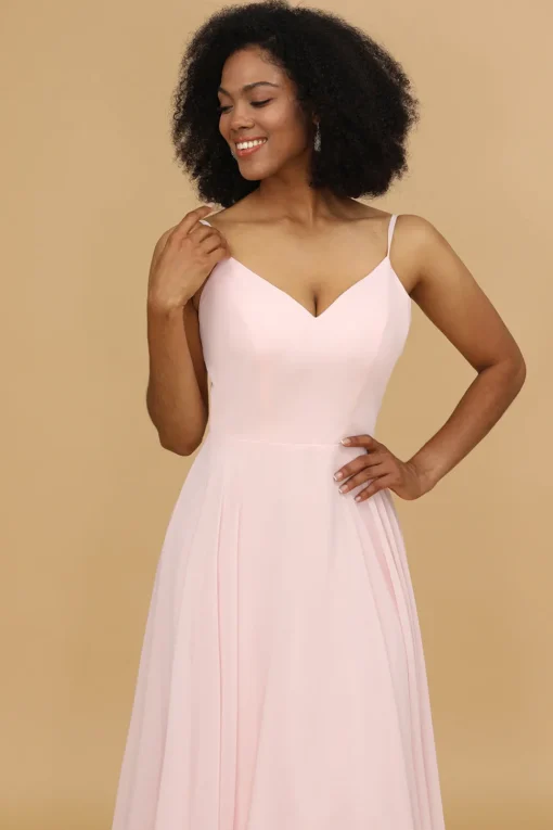A Line Spaghetti Straps Pink Chiffon Long Bridesmaid Dress