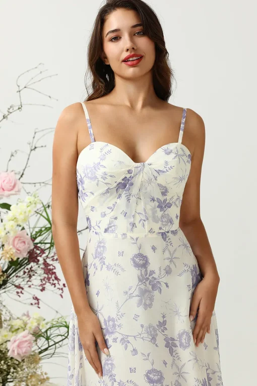 A Line Spaghetti Straps Purple Flower Printed Long Bridesmaid Dress
