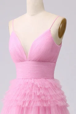A Line Spaghetti Straps Pink Princess Prom Dress with Ruffles
