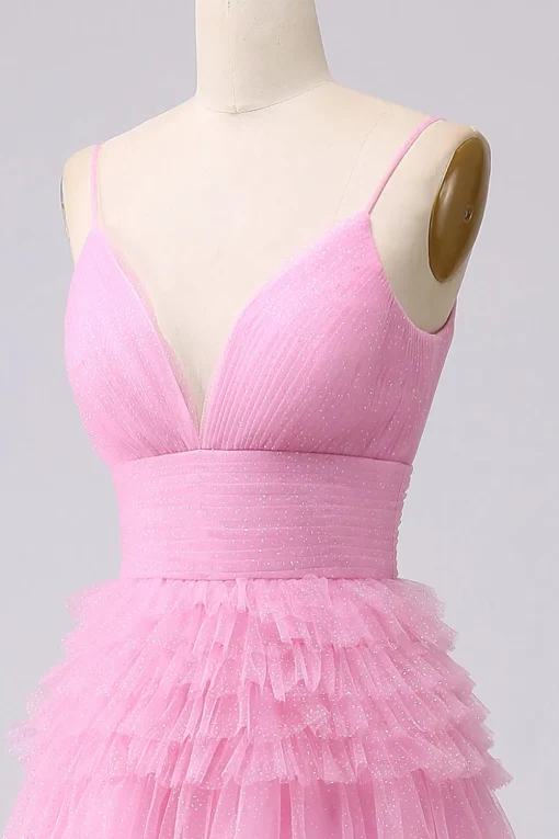 A Line Spaghetti Straps Pink Princess Prom Dress with Ruffles