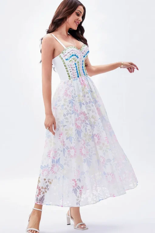 A Line Spaghetti Straps Printed Maxi Graduation Dress