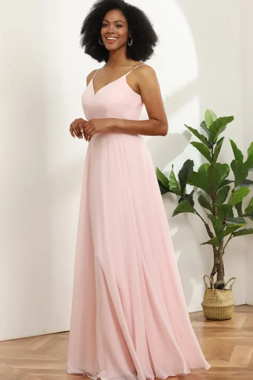 A Line Spaghetti Straps Pink Chiffon Long Bridesmaid Dress
