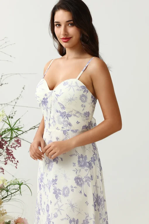 A Line Spaghetti Straps Purple Flower Printed Long Bridesmaid Dress