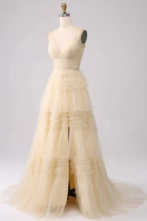 A Line Spaghetti Straps Pink Princess Prom Dress with Ruffles