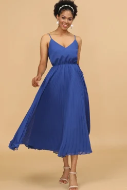 A Line Spaghetti Straps Royal Blue Tea Length Bridesmaid Dress