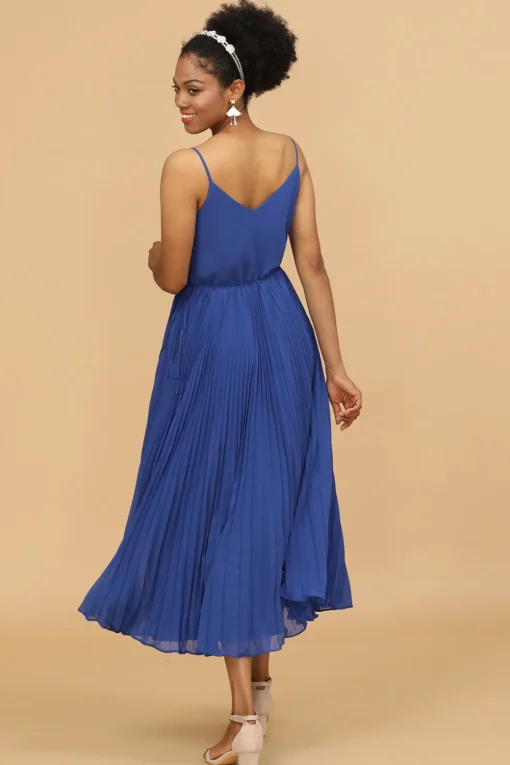 A Line Spaghetti Straps Royal Blue Tea Length Bridesmaid Dress