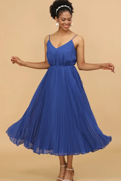 A Line Spaghetti Straps Royal Blue Tea Length Bridesmaid Dress